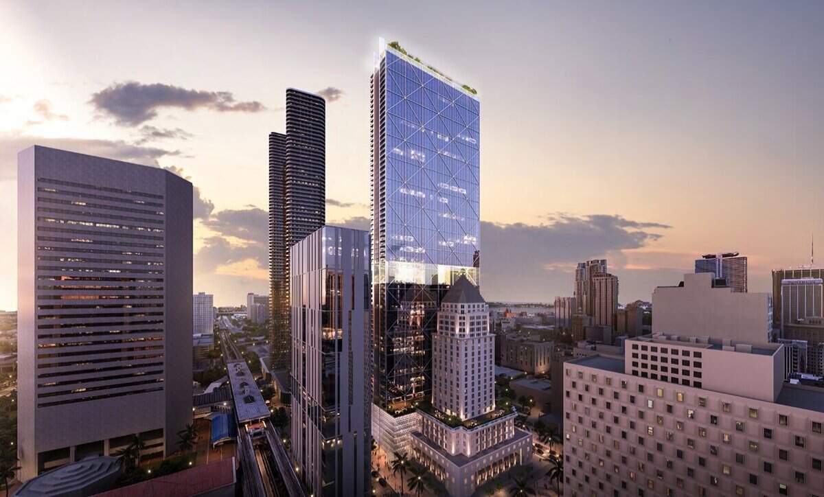 A rendering of how developer Russell Galbut would build a modern apartment tower right next to Miami-Dade County’s historic 1928 courthouse, a building that’s been abandoned for a modern replacement across the street.